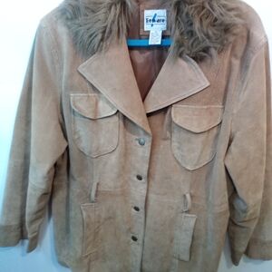 Vintage 100% Suede Leather Oversized Jacket Faux Fur Collar Large W/Belt
